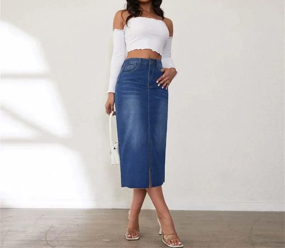 Adhdyuud Women Trendy High-Waisted Medium-Length Denim Skirt Casual A- Line Long Jean Skirts