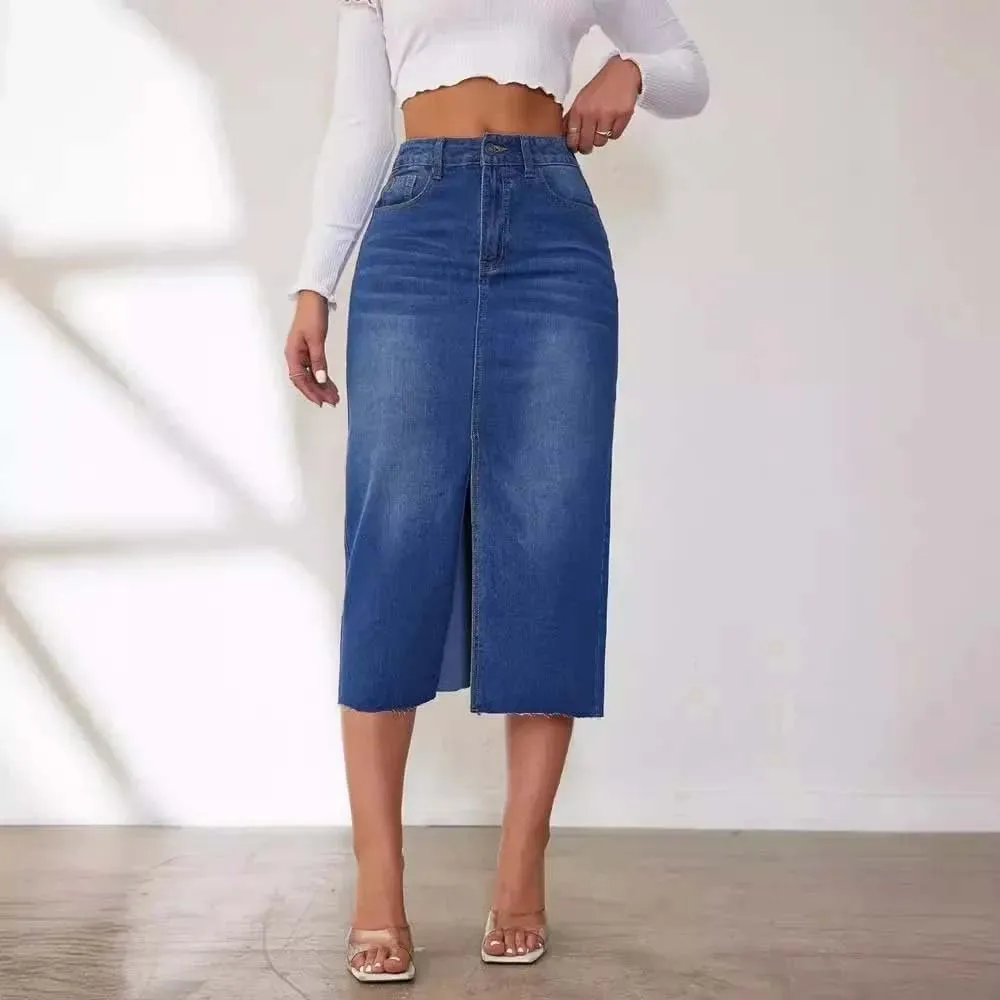 Adhdyuud Women Trendy High-Waisted Medium-Length Denim Skirt Casual A- Line Long Jean Skirts
