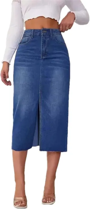 Adhdyuud Women Trendy High-Waisted Medium-Length Denim Skirt Casual A- Line Long Jean Skirts