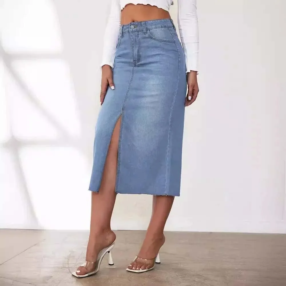 Adhdyuud Women Trendy High-Waisted Medium-Length Denim Skirt Casual A- Line Long Jean Skirts