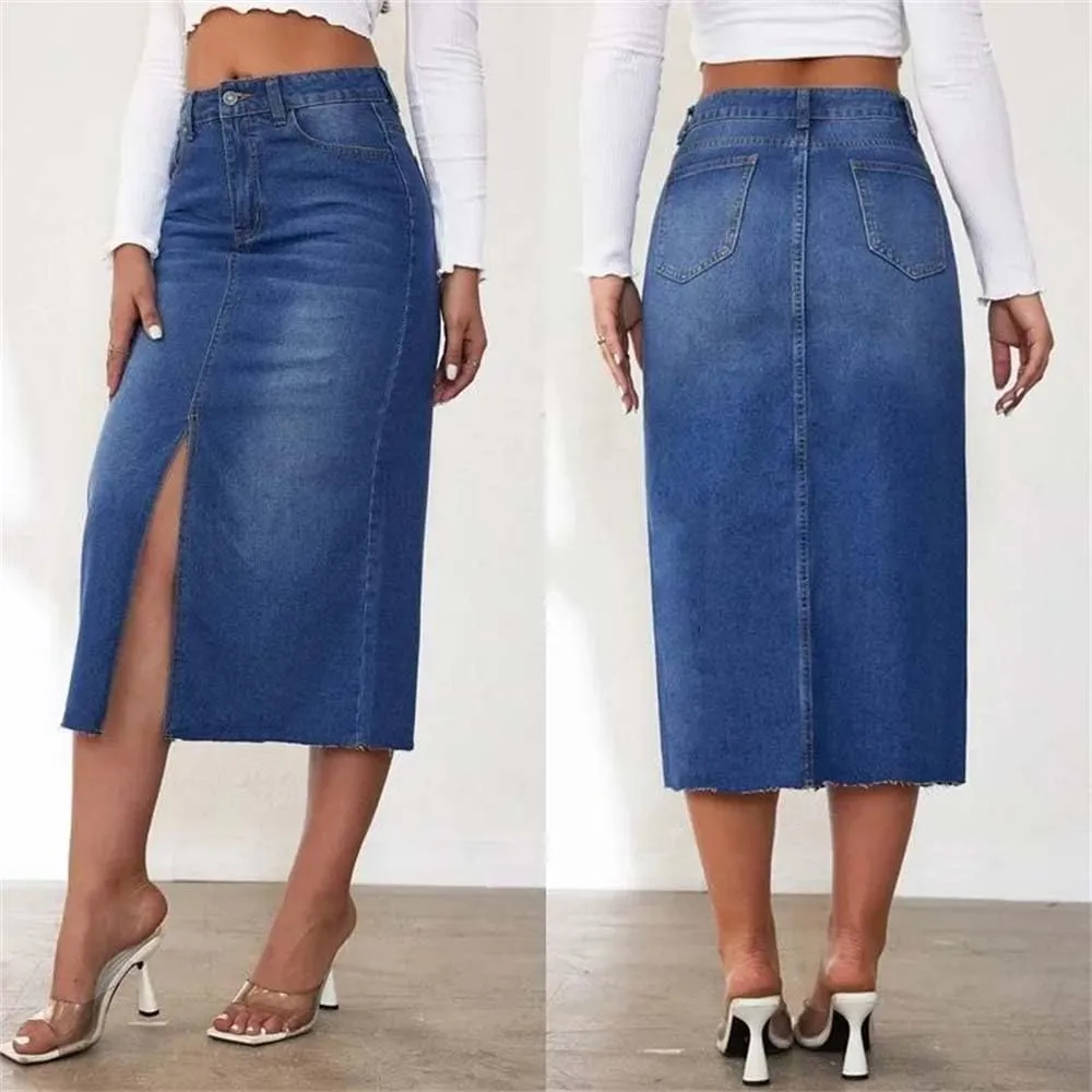 Adhdyuud Women Trendy High-Waisted Medium-Length Denim Skirt Casual A- Line Long Jean Skirts