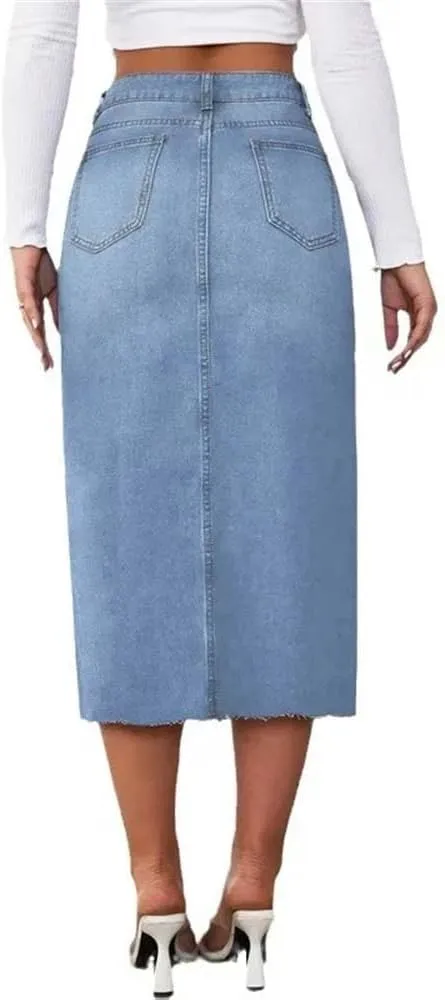 Adhdyuud Women Trendy High-Waisted Medium-Length Denim Skirt Casual A- Line Long Jean Skirts