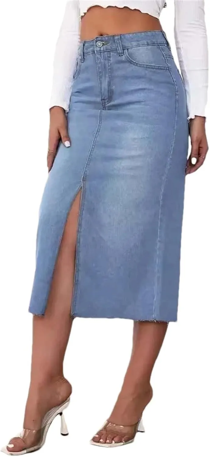 Adhdyuud Women Trendy High-Waisted Medium-Length Denim Skirt Casual A- Line Long Jean Skirts