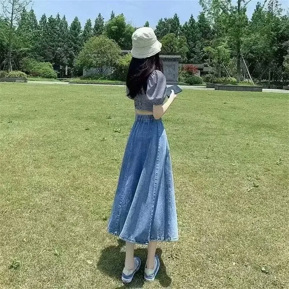Adhdyuud Women's Casual Denim Skirt Medium-Length High-Waisted Slimming A- Line Skirts