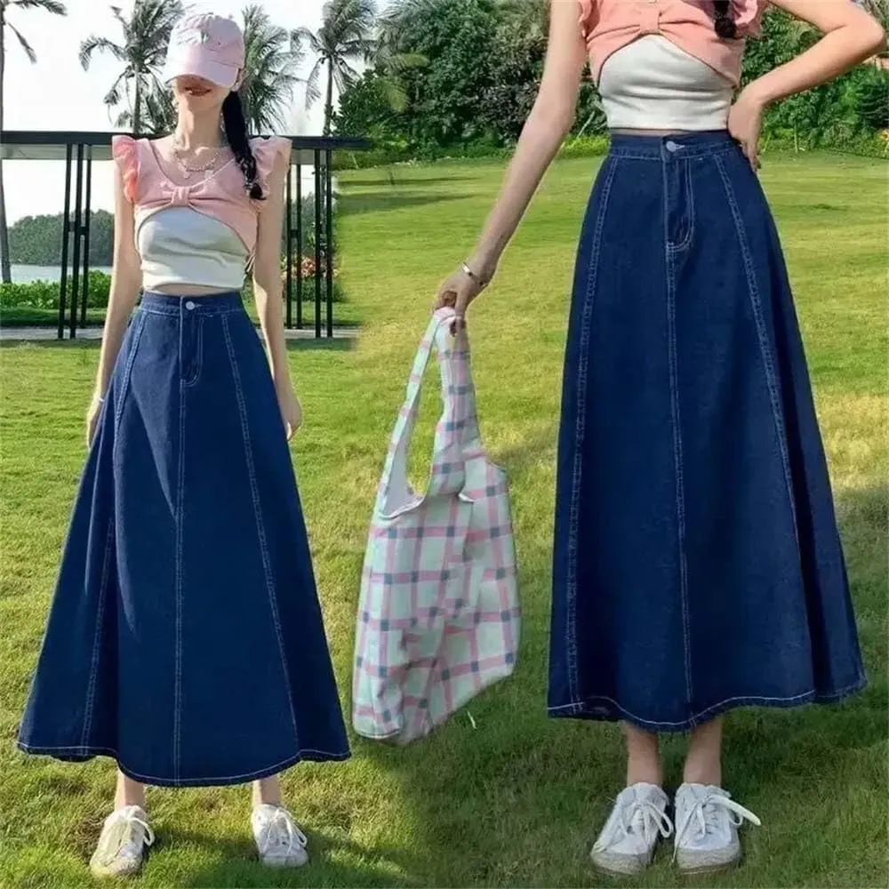 Adhdyuud Women's Casual Denim Skirt Medium-Length High-Waisted Slimming A- Line Skirts