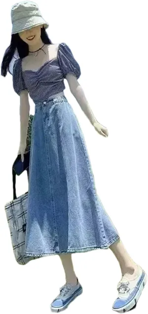 Adhdyuud Women's Casual Denim Skirt Medium-Length High-Waisted Slimming A- Line Skirts
