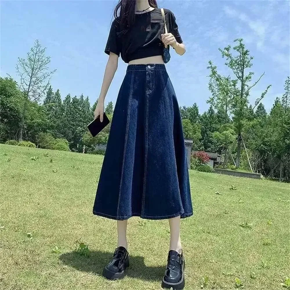 Adhdyuud Women's Casual Denim Skirt Medium-Length High-Waisted Slimming A- Line Skirts