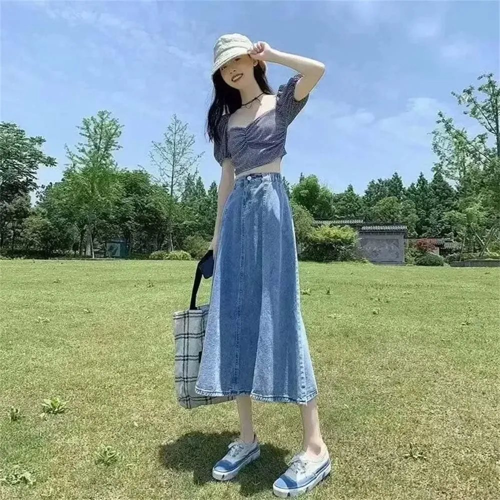 Adhdyuud Women's Casual Denim Skirt Medium-Length High-Waisted Slimming A- Line Skirts