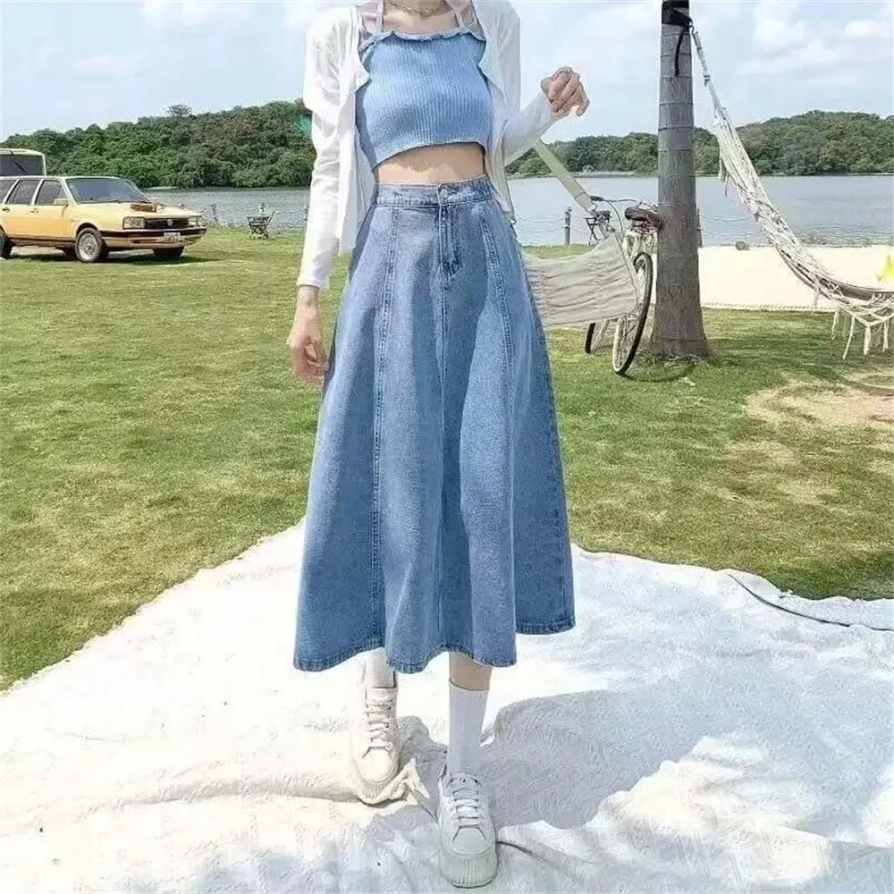 Adhdyuud Women's Casual Denim Skirt Medium-Length High-Waisted Slimming A- Line Skirts
