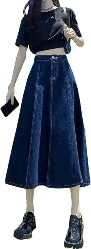 Adhdyuud Women's Casual Denim Skirt Medium-Length High-Waisted Slimming A- Line Skirts