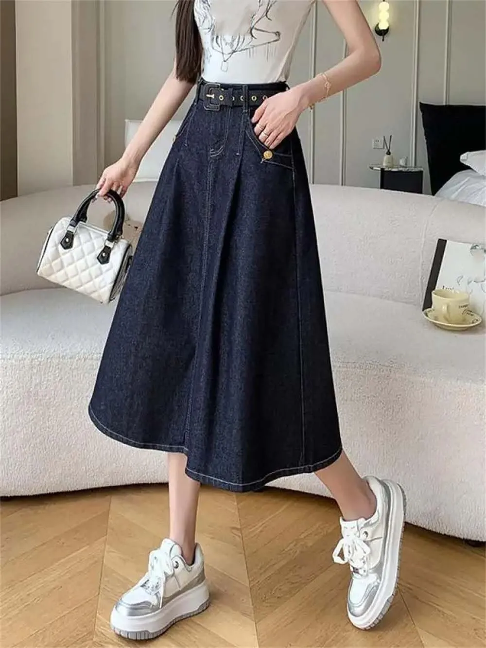 Adhdyuud Women's Vintage Blue Pleated Denim Skirt Elegant High-Waisted Party Jean Long Skirts