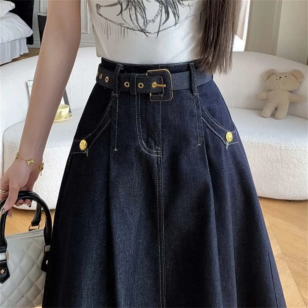 Adhdyuud Women's Vintage Blue Pleated Denim Skirt Elegant High-Waisted Party Jean Long Skirts