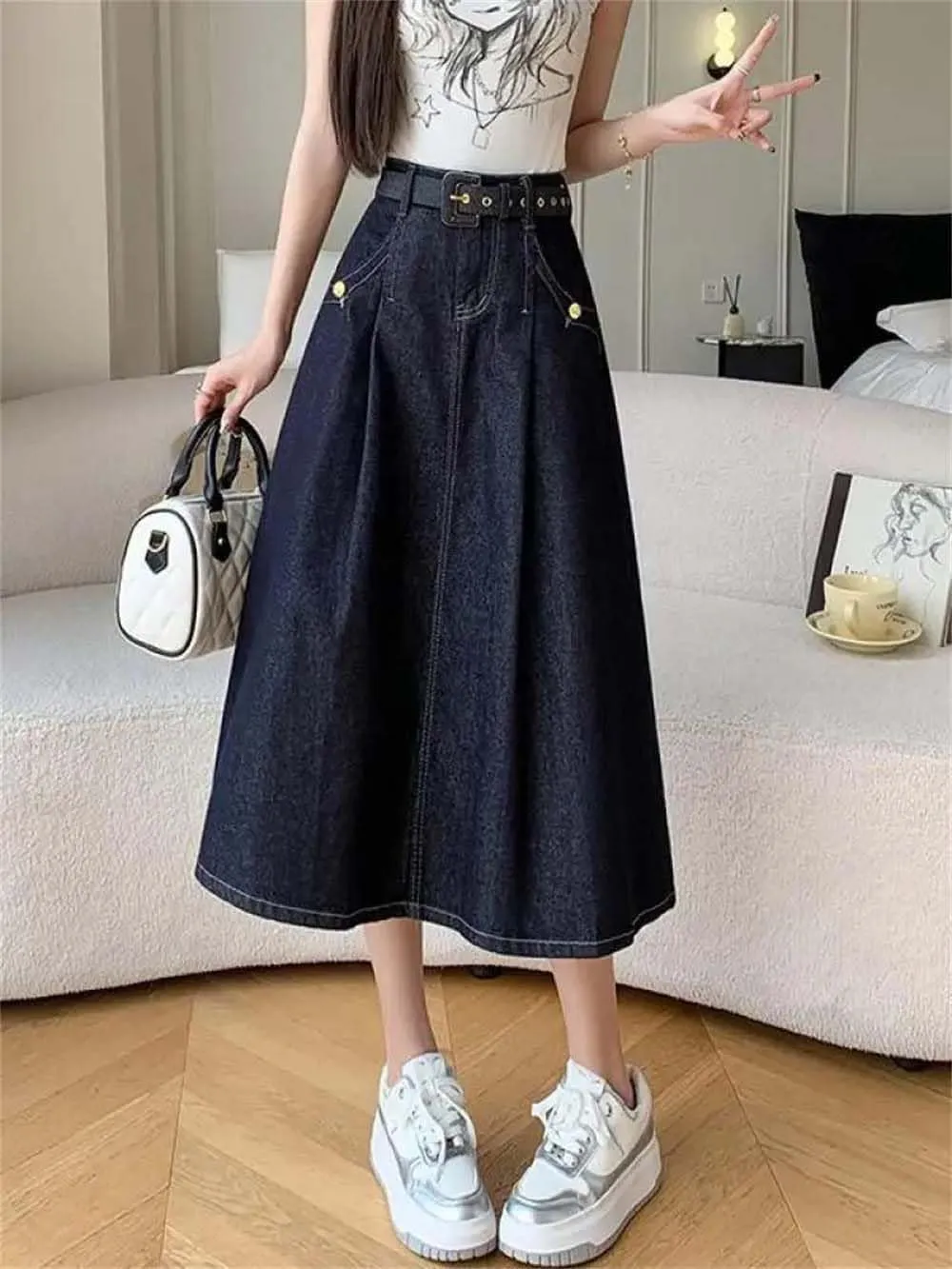 Adhdyuud Women's Vintage Blue Pleated Denim Skirt Elegant High-Waisted Party Jean Long Skirts