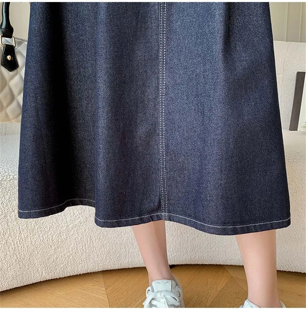 Adhdyuud Women's Vintage Blue Pleated Denim Skirt Elegant High-Waisted Party Jean Long Skirts