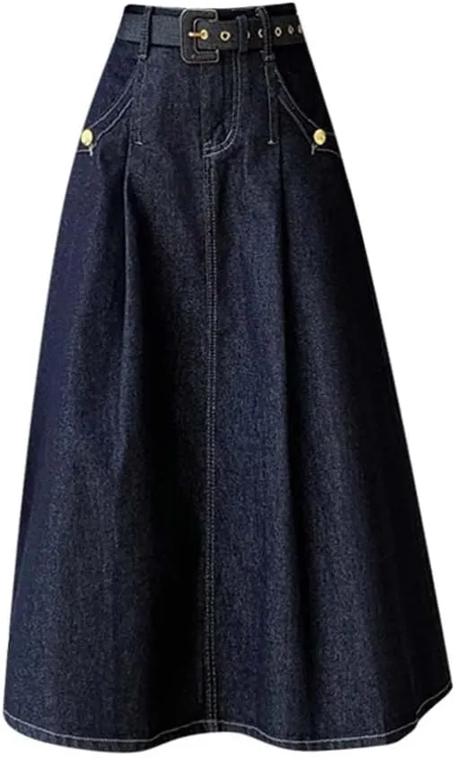 Adhdyuud Women's Vintage Blue Pleated Denim Skirt Elegant High-Waisted Party Jean Long Skirts