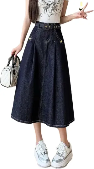 Adhdyuud Women's Vintage Blue Pleated Denim Skirt Elegant High-Waisted Party Jean Long Skirts