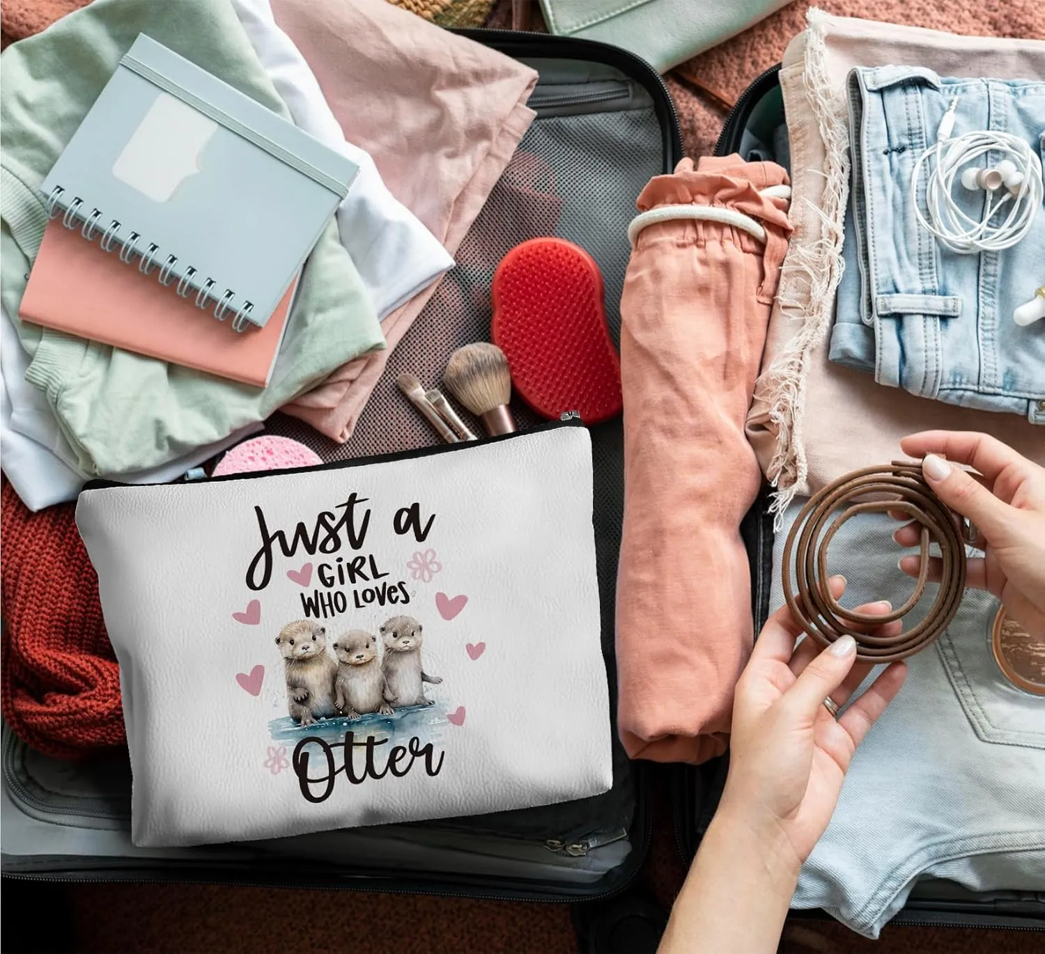 Aesthetic Sea Otter Gifts Makeup Bag for Women,Just A Girl Who Loves Otter Gifts Leather Small Zipper Pouch for Purse,Cosmetic Bag Zipper Pouch for Women Teens Girl,Small Makeup Bag