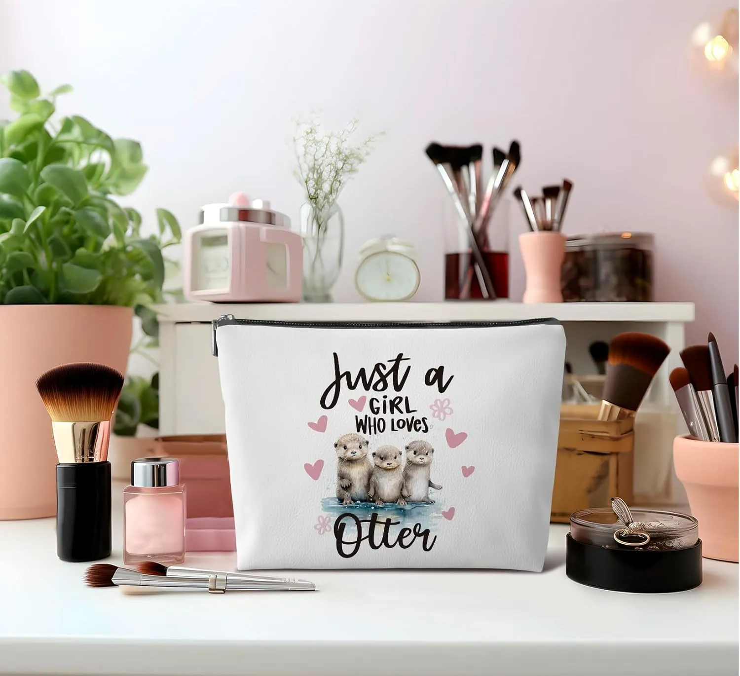 Aesthetic Sea Otter Gifts Makeup Bag for Women,Just A Girl Who Loves Otter Gifts Leather Small Zipper Pouch for Purse,Cosmetic Bag Zipper Pouch for Women Teens Girl,Small Makeup Bag