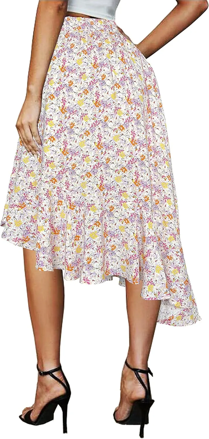 Afibi Women's Boho Floral High Waisted High Low Asymmetric Hem Midi Long Skirt