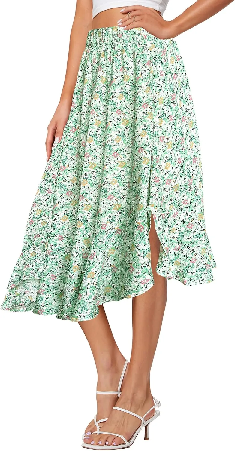 Afibi Women's Boho Floral High Waisted High Low Asymmetric Hem Midi Long Skirt