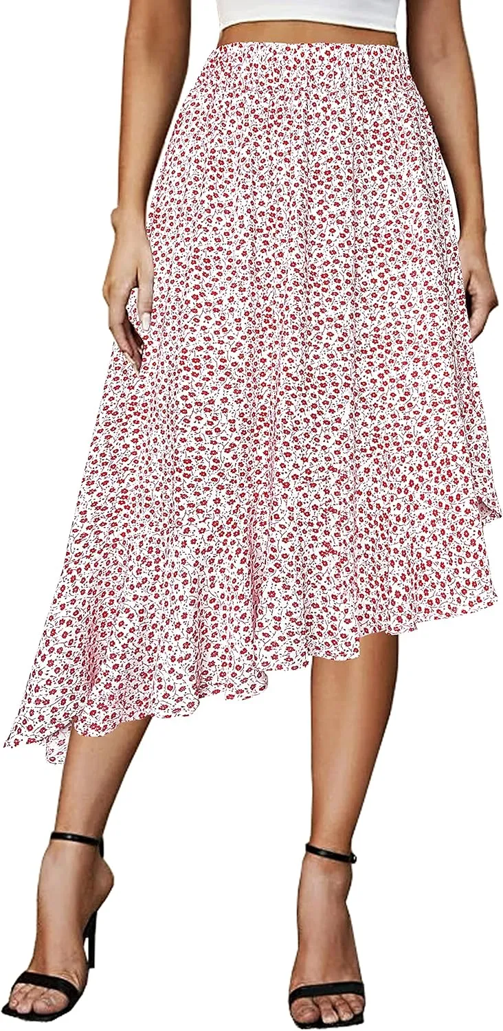 Afibi Women's Boho Floral High Waisted High Low Asymmetric Hem Midi Long Skirt