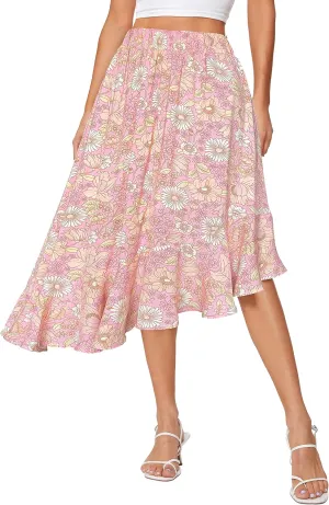 Afibi Women's Boho Floral High Waisted High Low Asymmetric Hem Midi Long Skirt