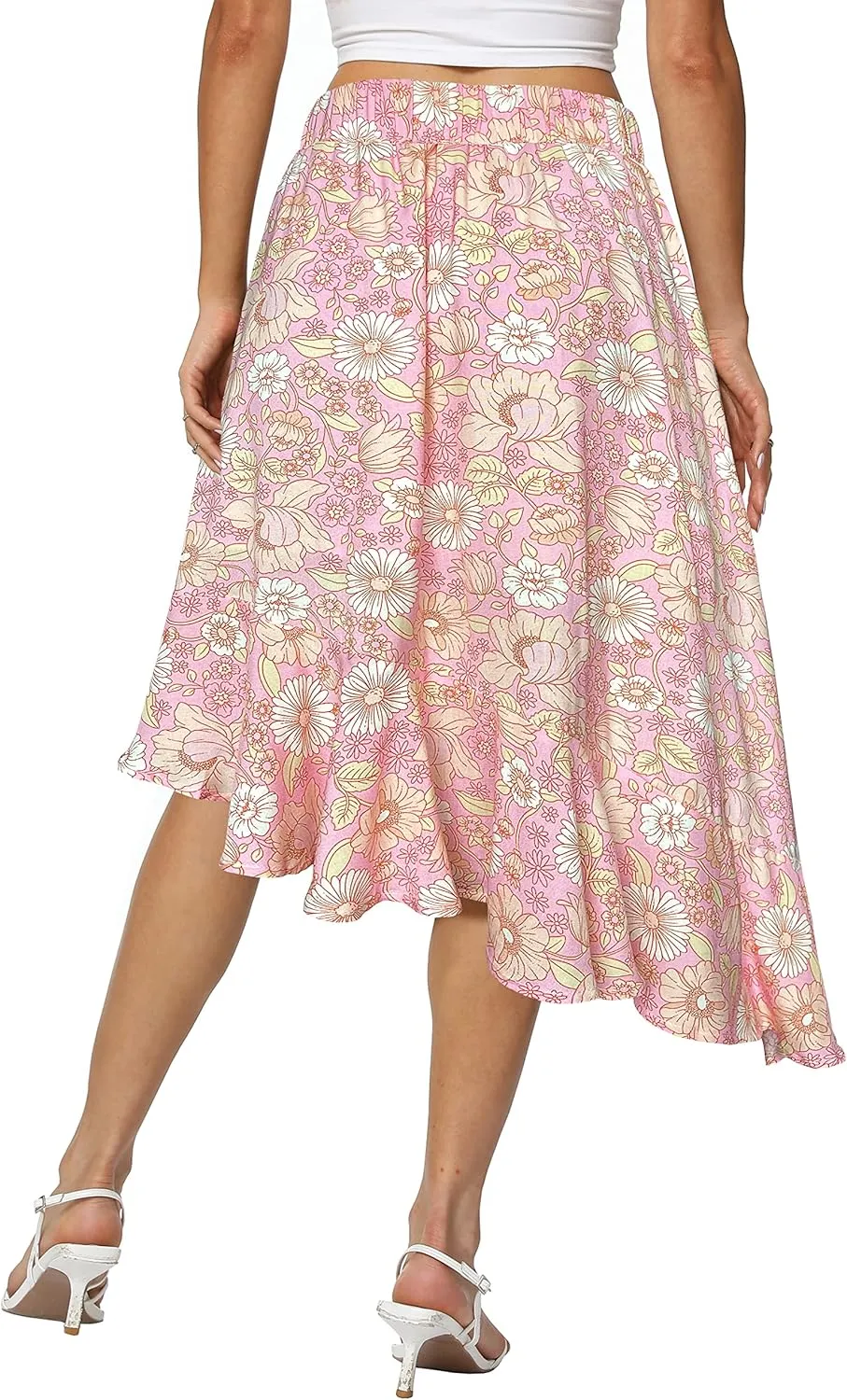 Afibi Women's Boho Floral High Waisted High Low Asymmetric Hem Midi Long Skirt