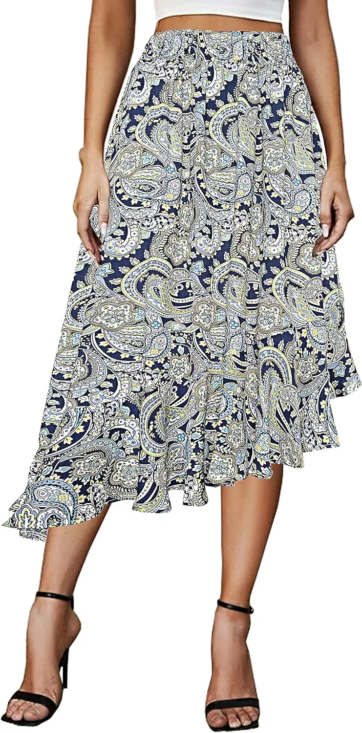 Afibi Women's Boho Floral High Waisted High Low Asymmetric Hem Midi Long Skirt
