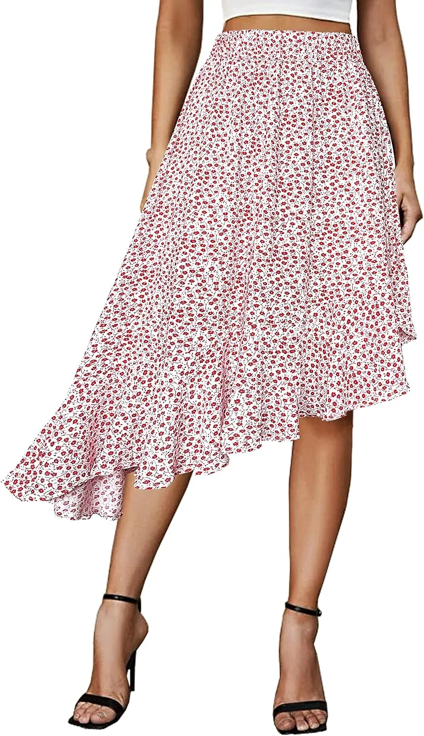 Afibi Women's Boho Floral High Waisted High Low Asymmetric Hem Midi Long Skirt
