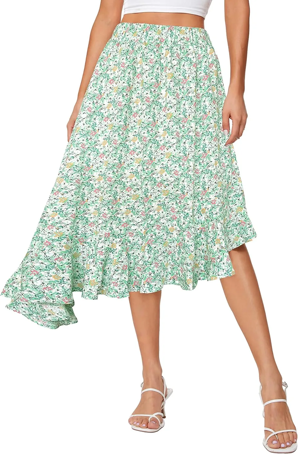 Afibi Women's Boho Floral High Waisted High Low Asymmetric Hem Midi Long Skirt