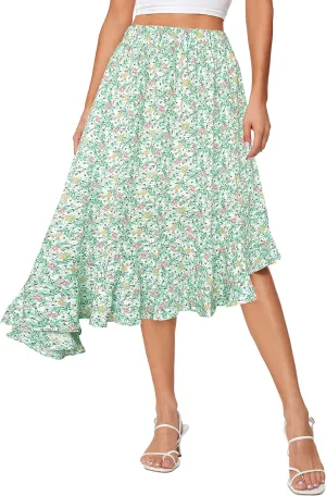Afibi Women's Boho Floral High Waisted High Low Asymmetric Hem Midi Long Skirt