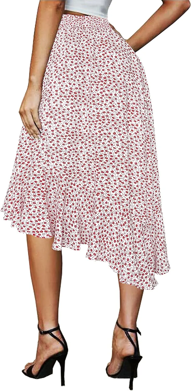 Afibi Women's Boho Floral High Waisted High Low Asymmetric Hem Midi Long Skirt