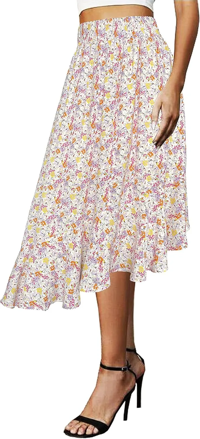 Afibi Women's Boho Floral High Waisted High Low Asymmetric Hem Midi Long Skirt