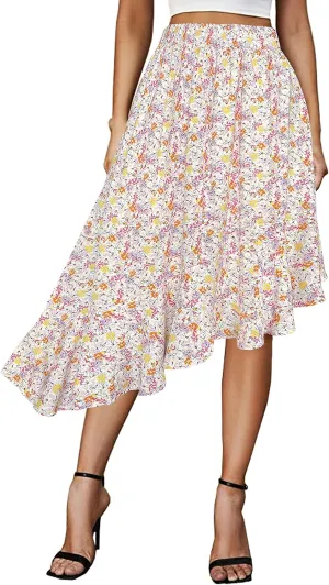 Afibi Women's Boho Floral High Waisted High Low Asymmetric Hem Midi Long Skirt