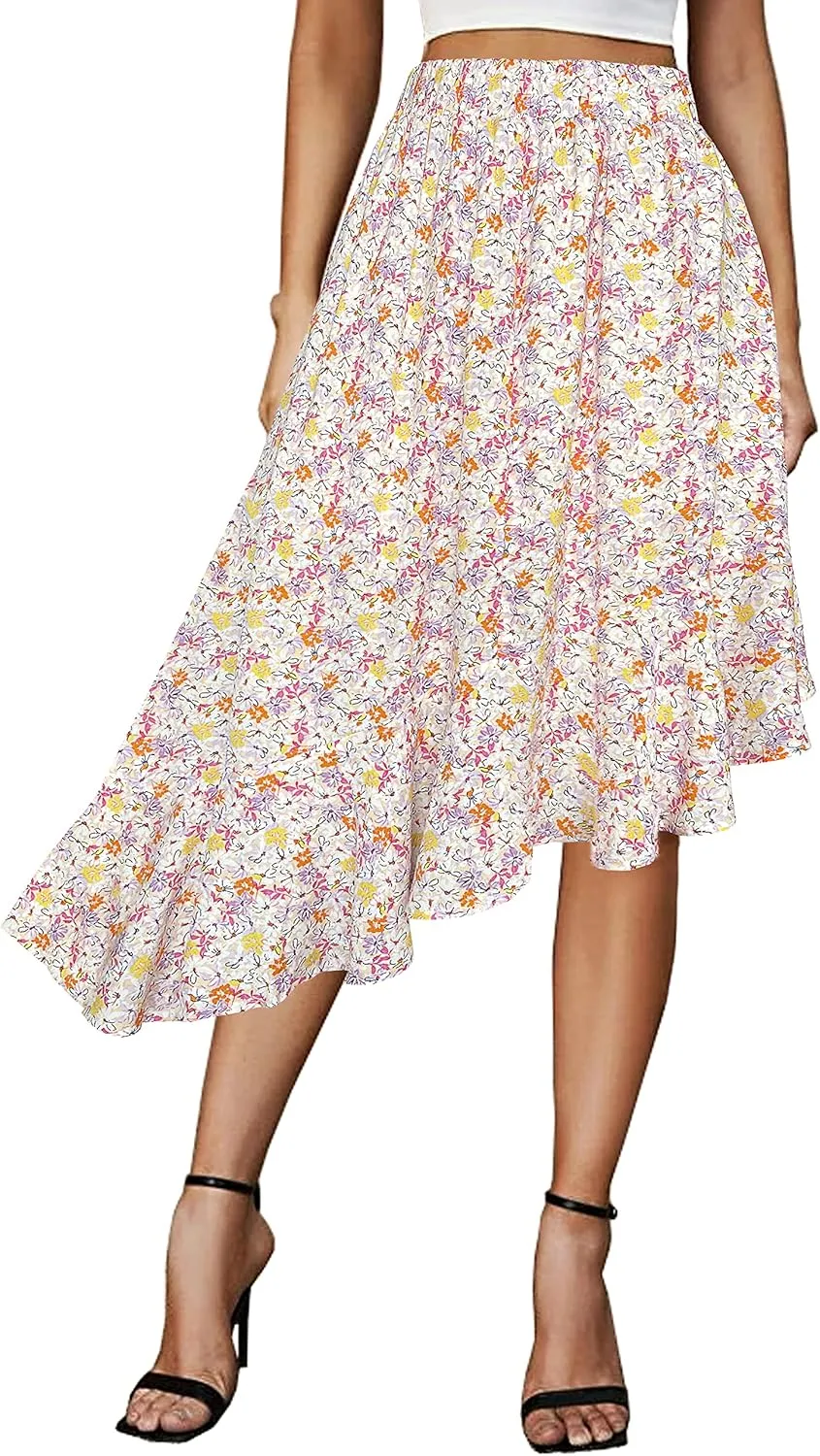 Afibi Women's Boho Floral High Waisted High Low Asymmetric Hem Midi Long Skirt