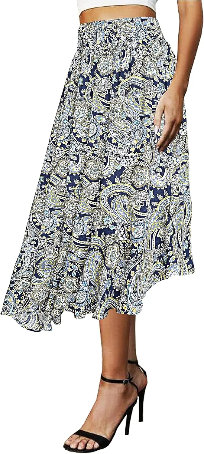 Afibi Women's Boho Floral High Waisted High Low Asymmetric Hem Midi Long Skirt