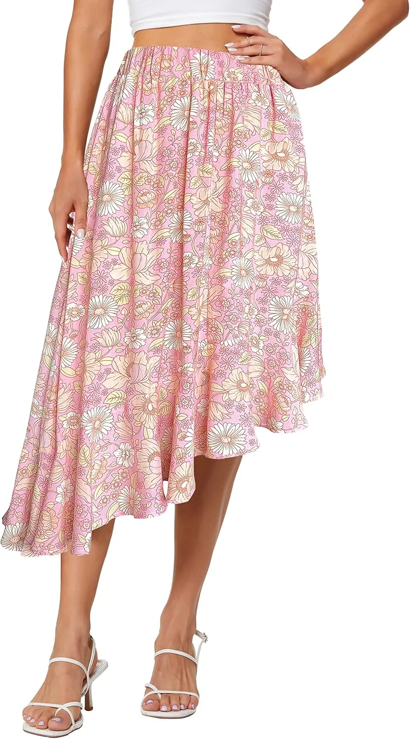 Afibi Women's Boho Floral High Waisted High Low Asymmetric Hem Midi Long Skirt