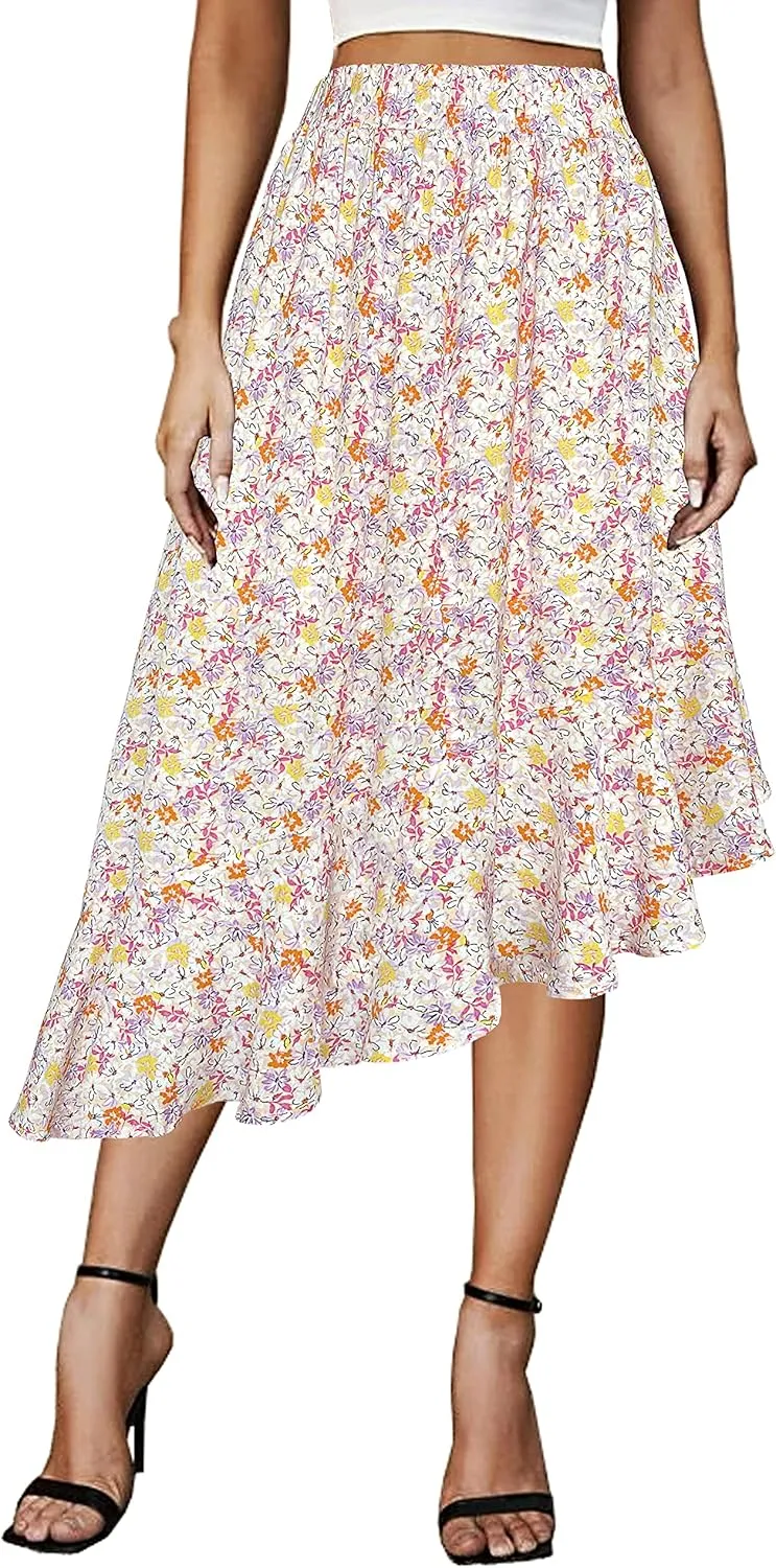 Afibi Women's Boho Floral High Waisted High Low Asymmetric Hem Midi Long Skirt