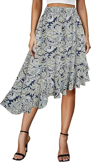 Afibi Women's Boho Floral High Waisted High Low Asymmetric Hem Midi Long Skirt