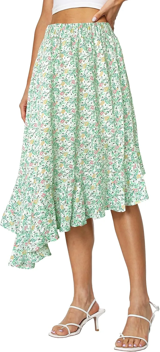 Afibi Women's Boho Floral High Waisted High Low Asymmetric Hem Midi Long Skirt