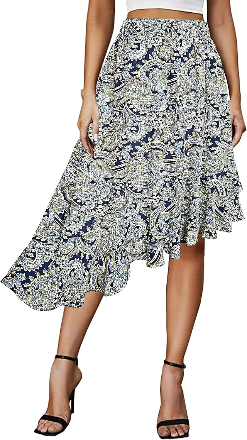 Afibi Women's Boho Floral High Waisted High Low Asymmetric Hem Midi Long Skirt