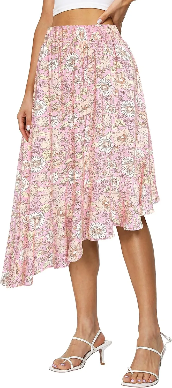 Afibi Women's Boho Floral High Waisted High Low Asymmetric Hem Midi Long Skirt
