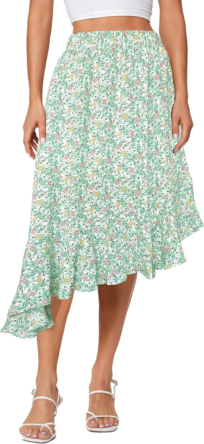 Afibi Women's Boho Floral High Waisted High Low Asymmetric Hem Midi Long Skirt