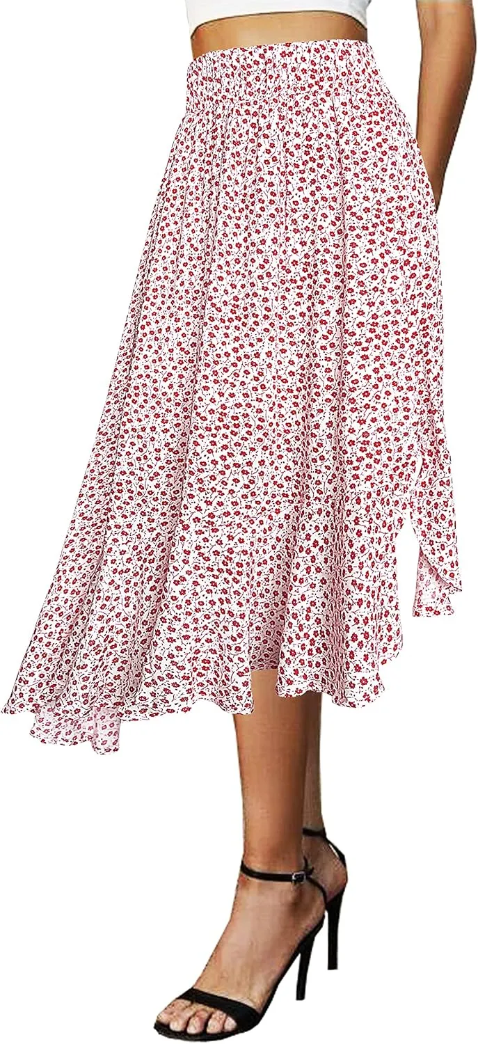 Afibi Women's Boho Floral High Waisted High Low Asymmetric Hem Midi Long Skirt