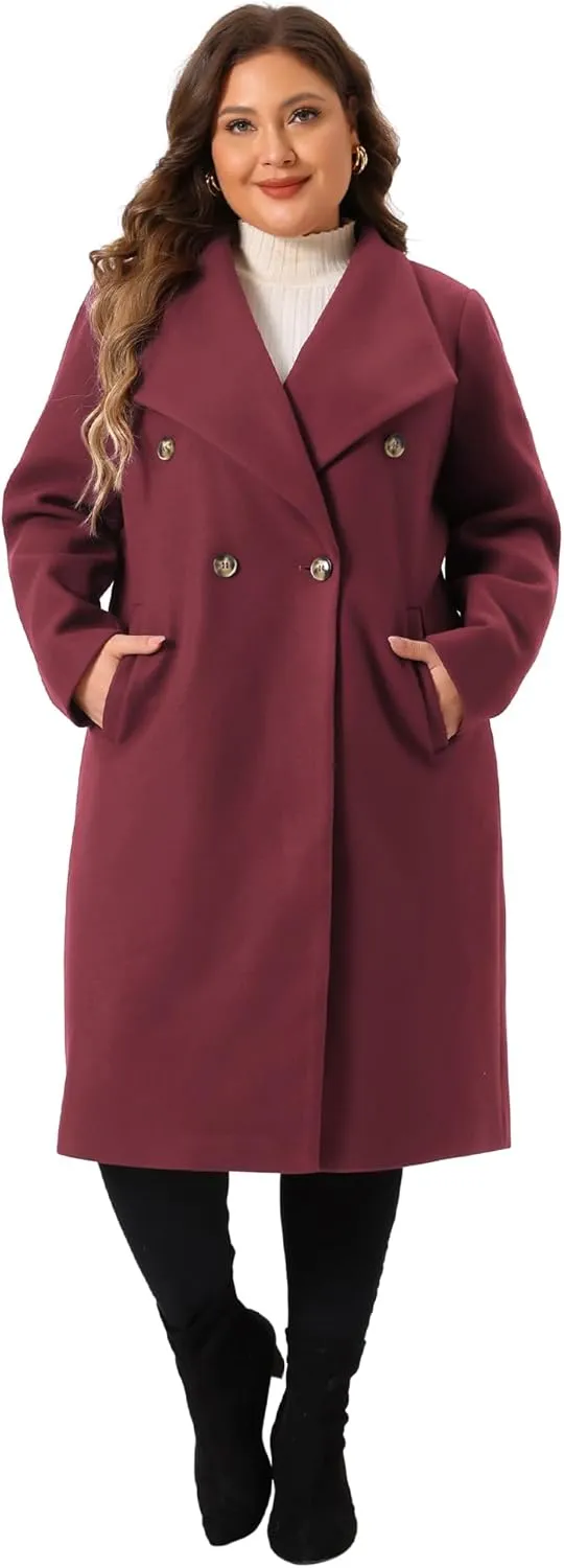Agnes Orinda Plus Size Peacoat Overcoat for Women Classic Notch Big Lapel Double Breasted Mid-Long Trench Coat