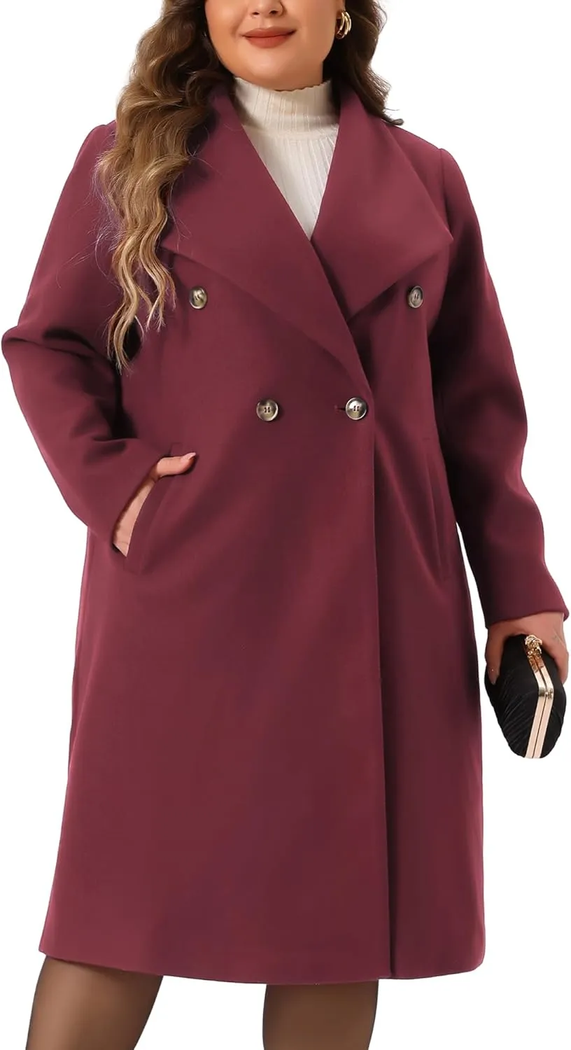 Agnes Orinda Plus Size Peacoat Overcoat for Women Classic Notch Big Lapel Double Breasted Mid-Long Trench Coat