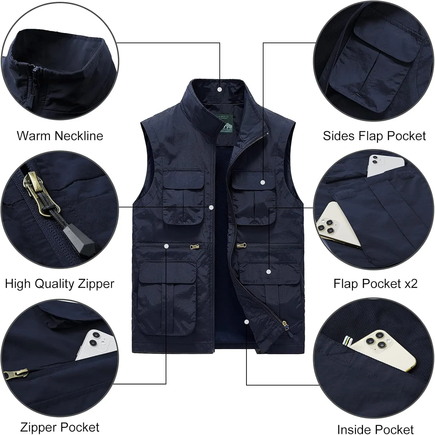 AIEOE Men's Outdoor Workout Vest Lightweight Travel Photo Vest Sleeveless Jacket with Pockets
