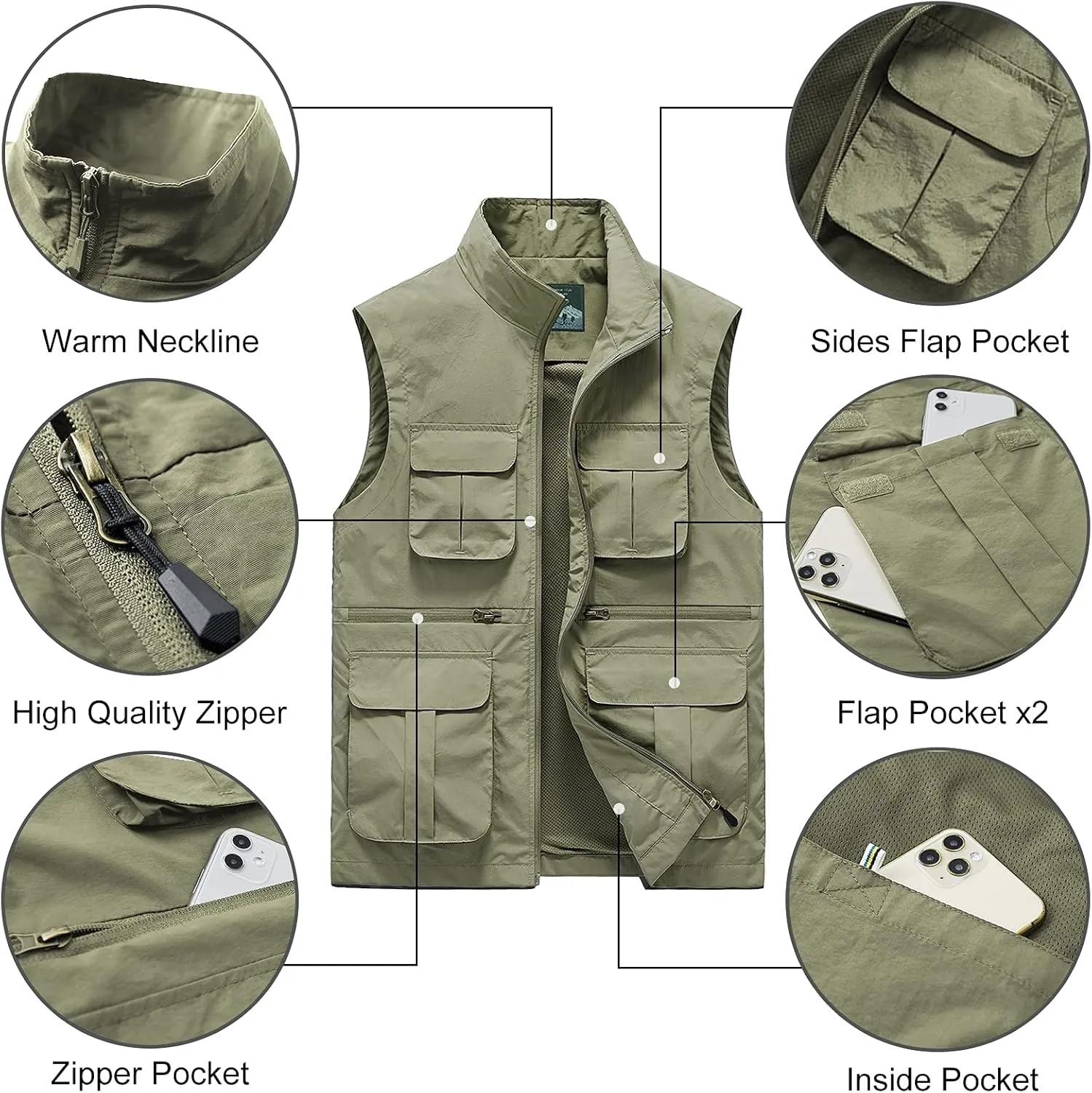 AIEOE Men's Outdoor Workout Vest Lightweight Travel Photo Vest Sleeveless Jacket with Pockets