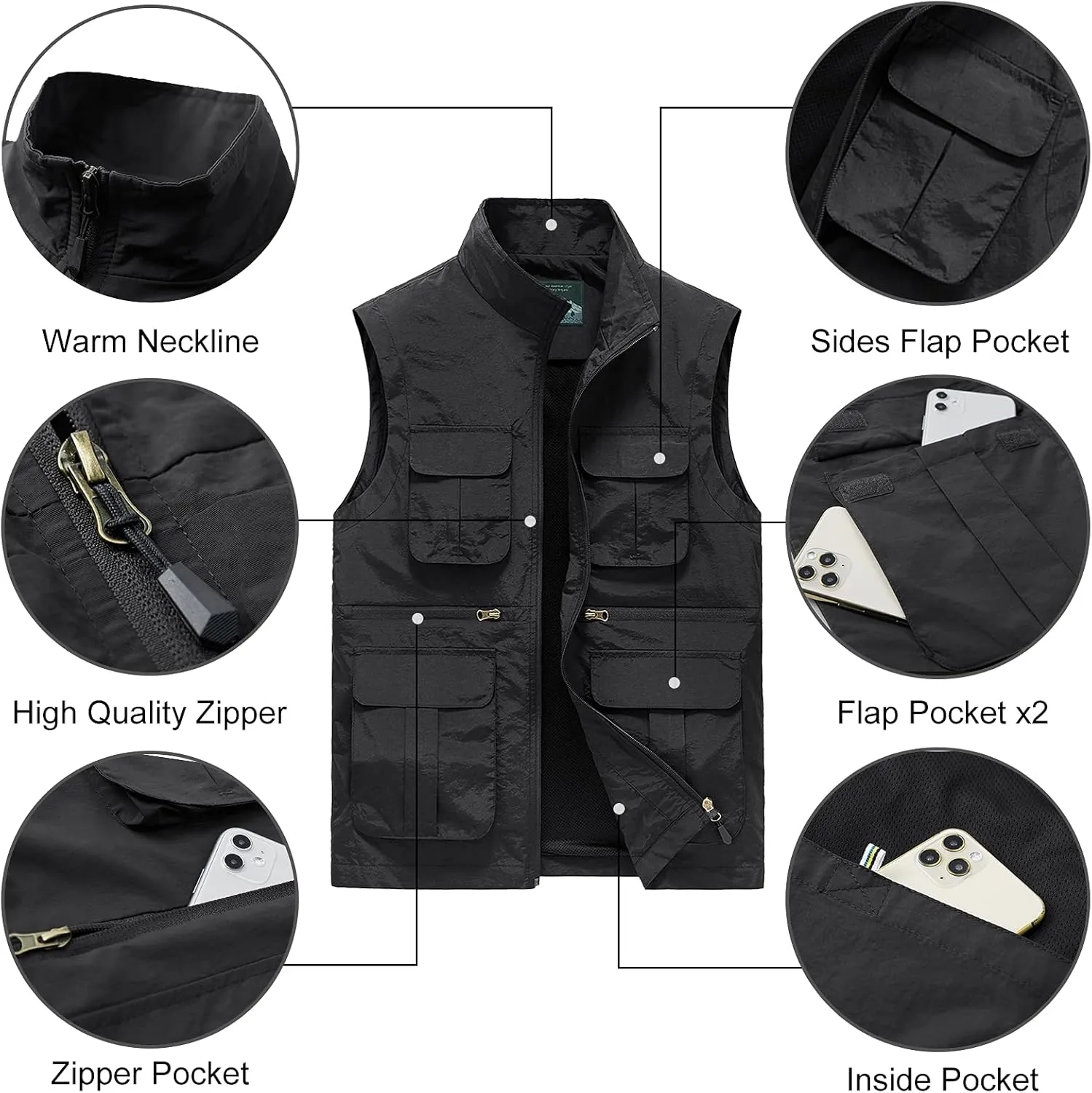AIEOE Men's Outdoor Workout Vest Lightweight Travel Photo Vest Sleeveless Jacket with Pockets