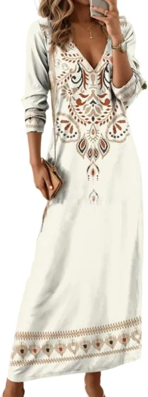 Akivide Women's Bohemian Ethnic Style Digital Printing Dress V Neck Long Sleeve Oversized Fall Maxi Dresses for Women